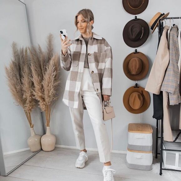 Oversized Shirt Plaid Jacket Shacket Neutrals New - Picture 1 of 16